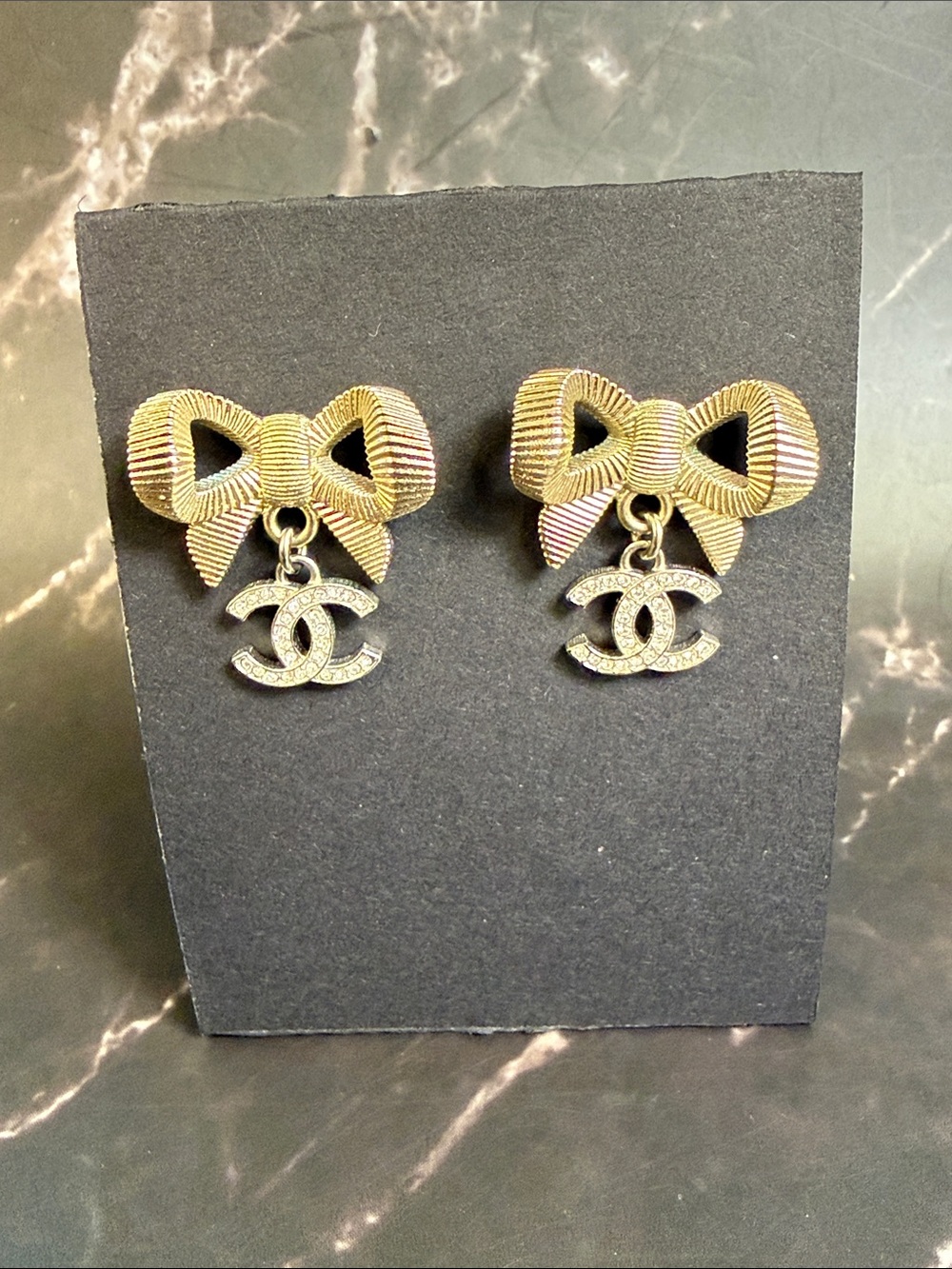 CHANEL Silver Ribbon Bow CC Drop Earrings with Crystal Logos